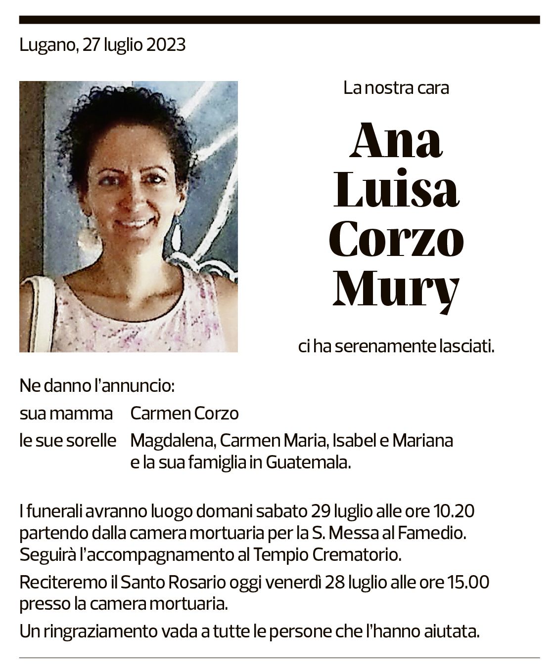 Annuncio funebre Ana Luisa Corzo Mury