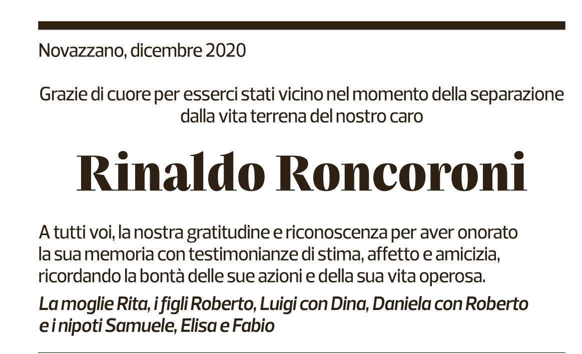 Annuncio funebre Rinaldo Roncoroni
