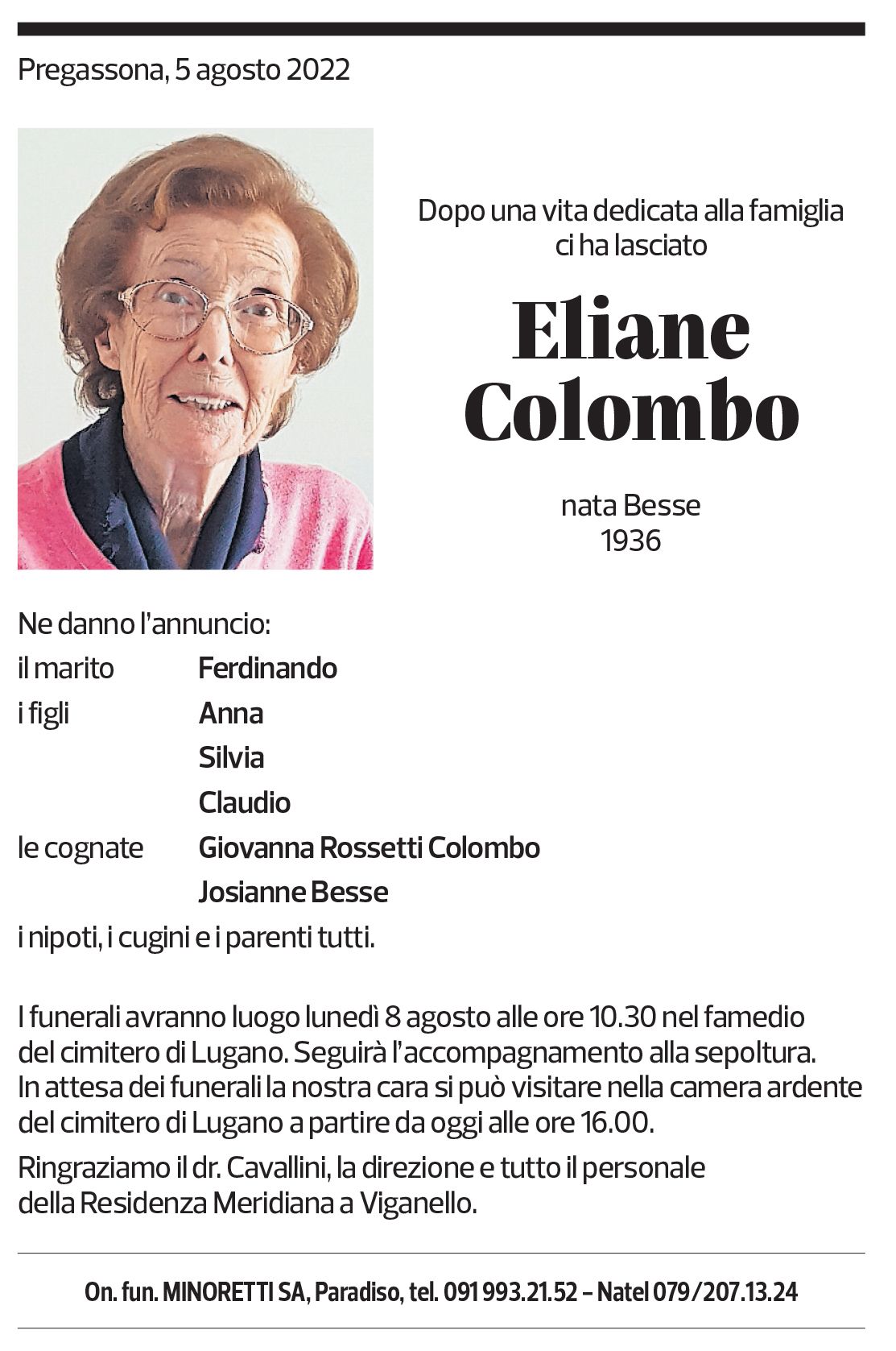 Annuncio funebre Eliane Colombo