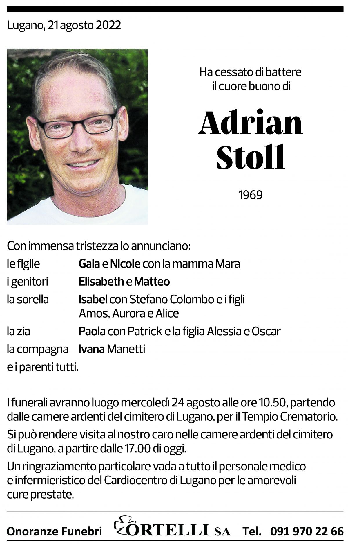 Annuncio funebre Adrian Stoll