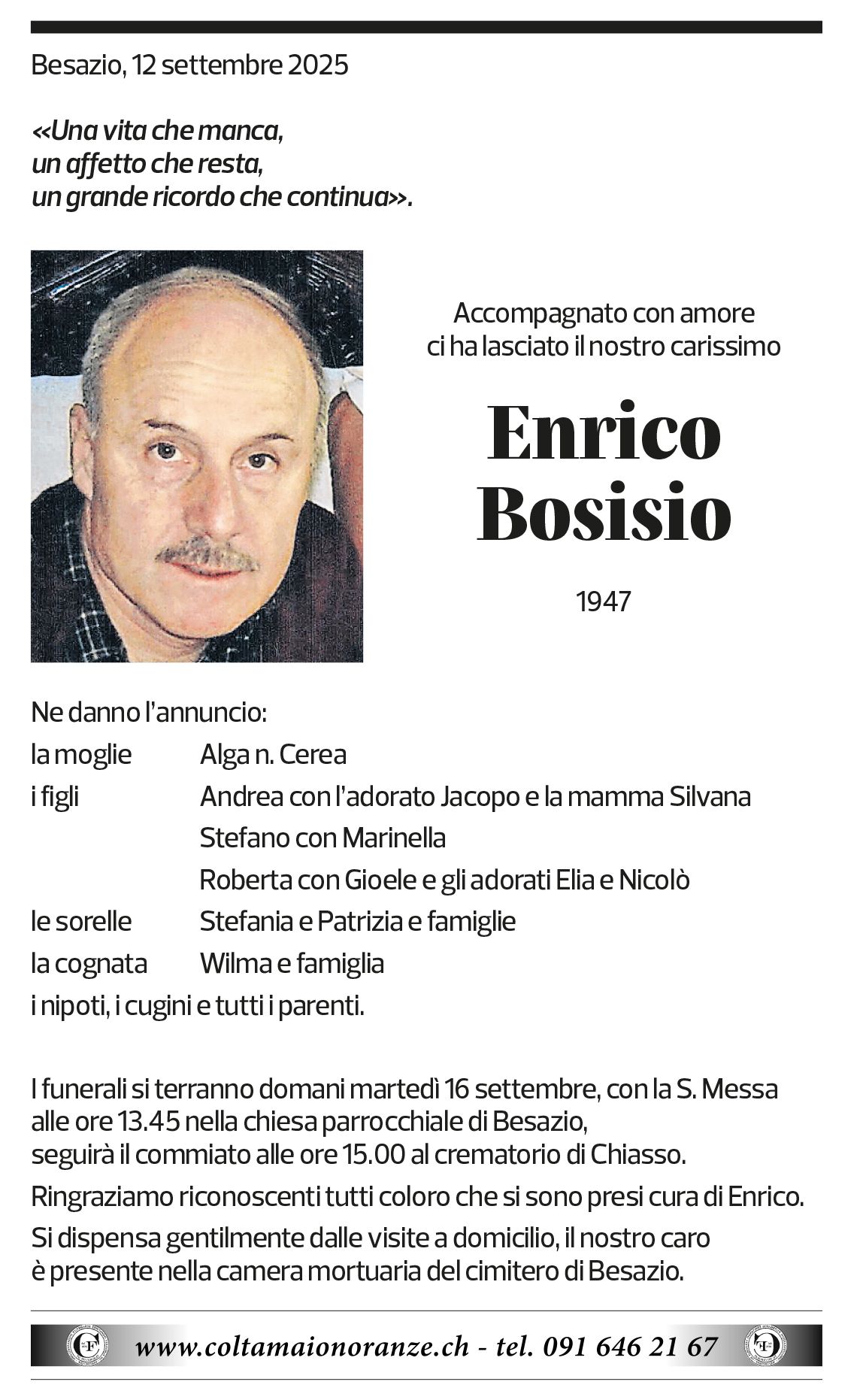Annuncio funebre Enrico Bosisio