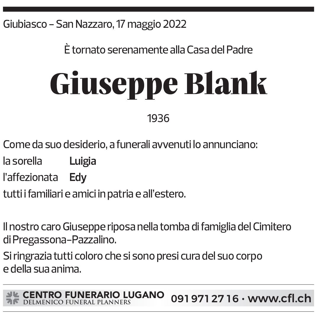 Annuncio funebre Giuseppe Blank