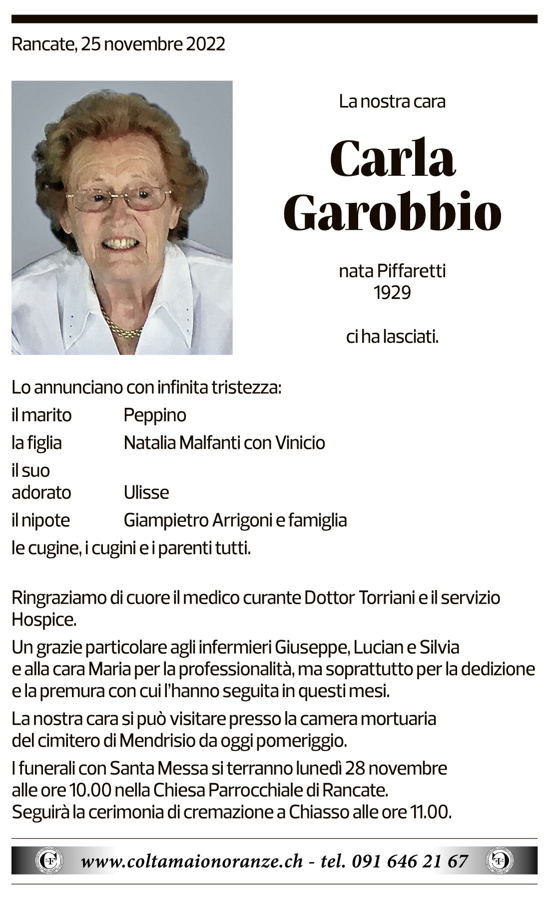 Annuncio funebre Carla Garobbio