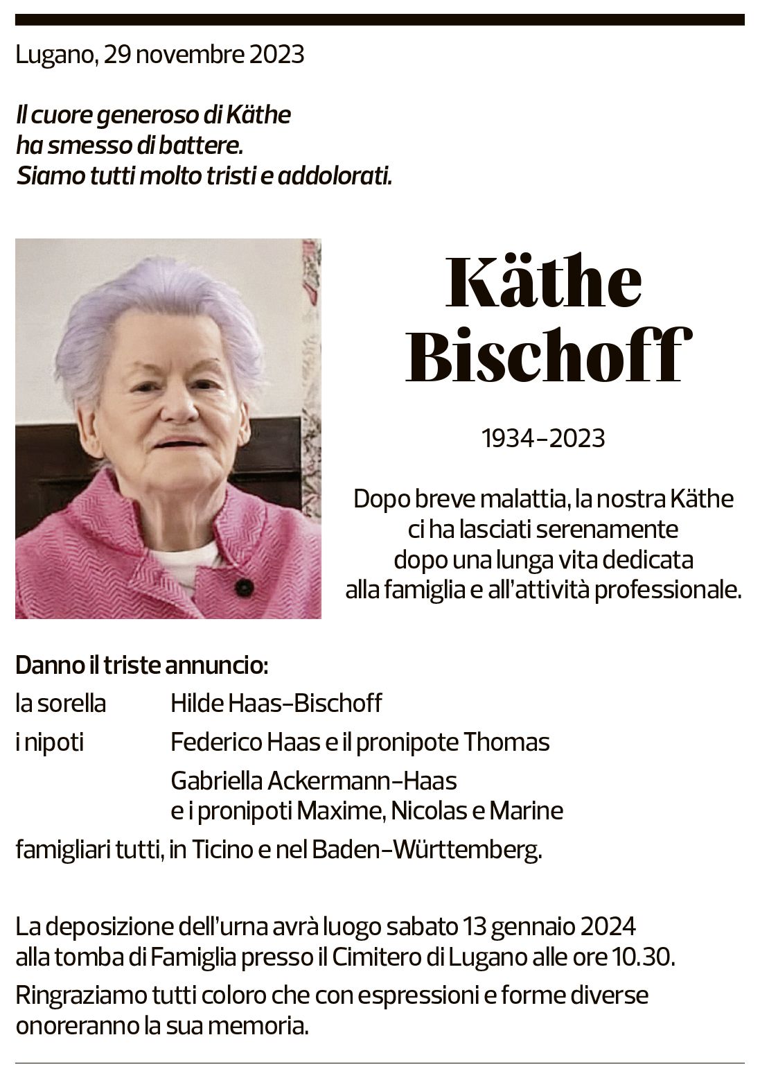 Annuncio funebre Käthe Bischoff