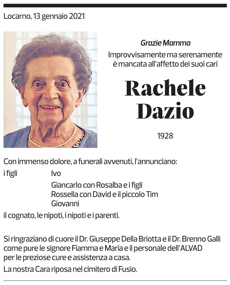 Annuncio funebre Rachele Dazio