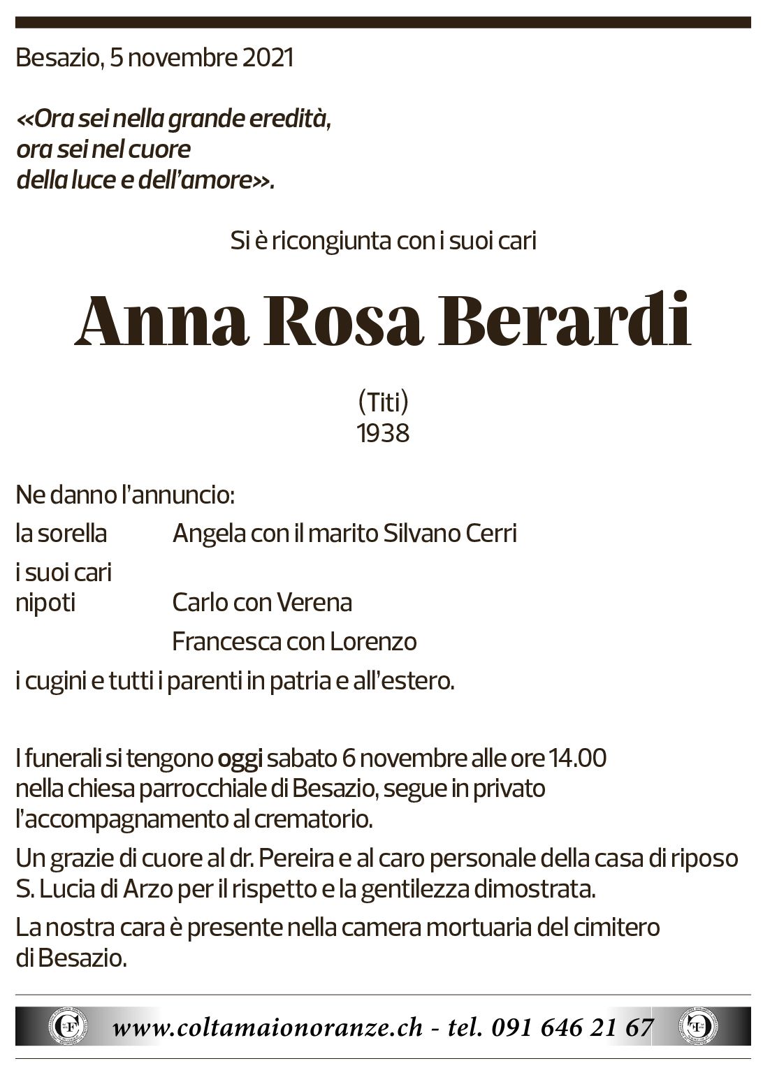 Annuncio funebre Anna Rosa Berardi