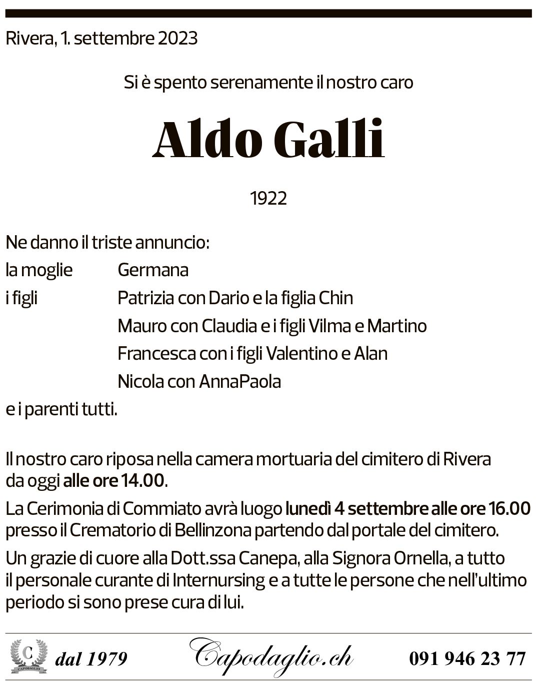 Annuncio funebre Aldo Galli