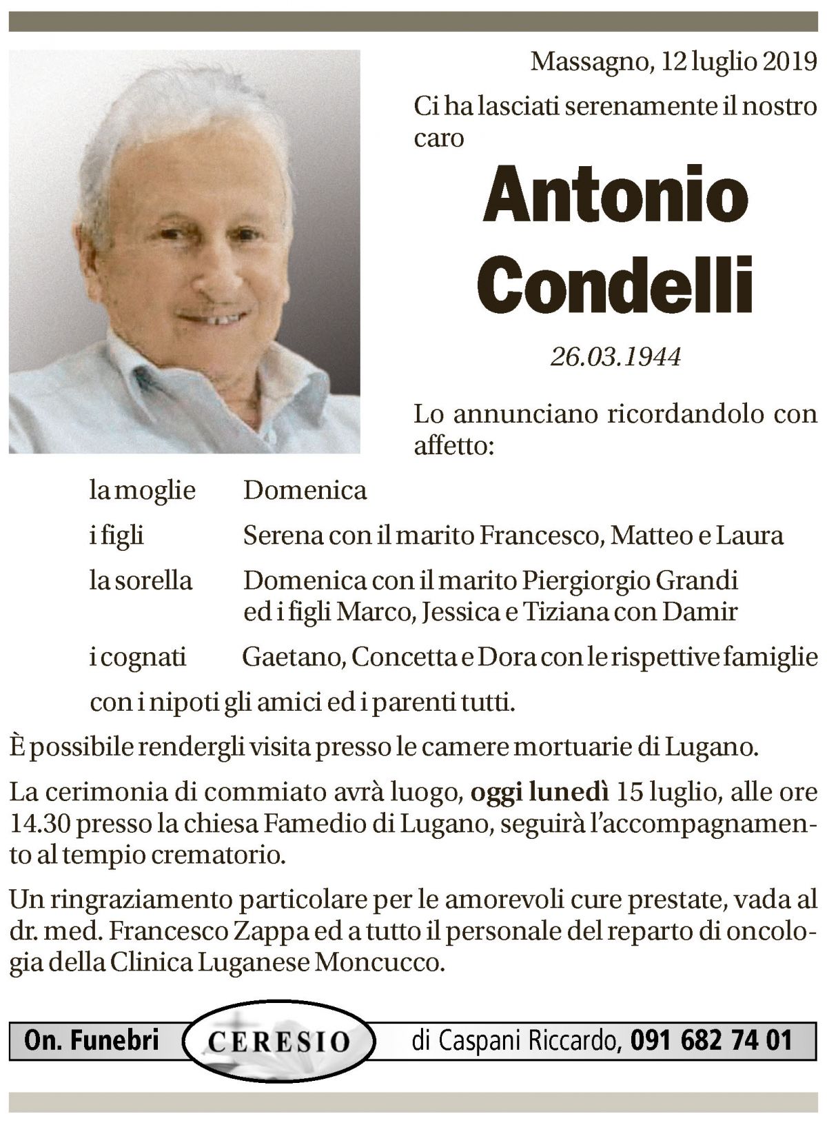 Annuncio funebre Antonio Condelli