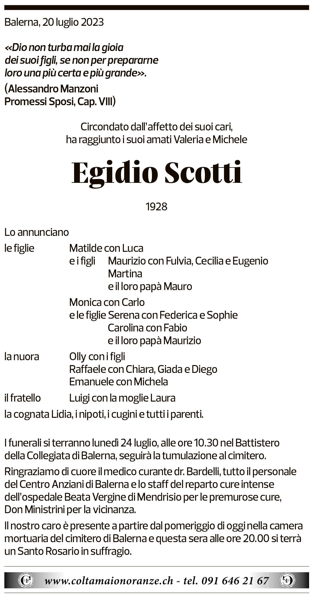 Annuncio funebre Egidio Scotti