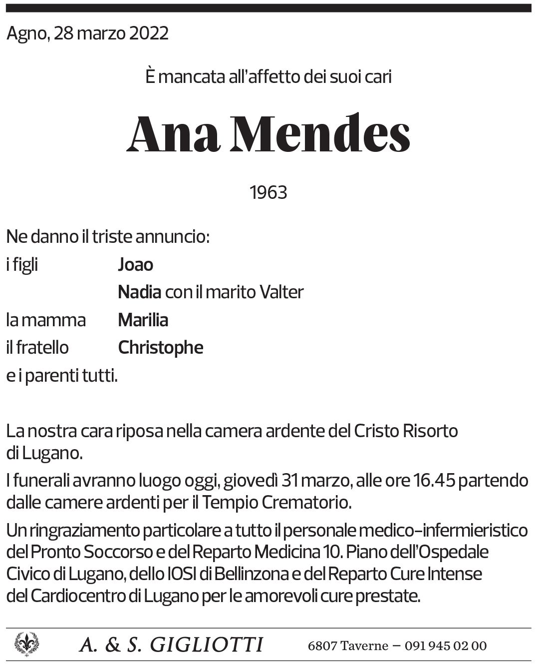 Annuncio funebre Ana Mendes