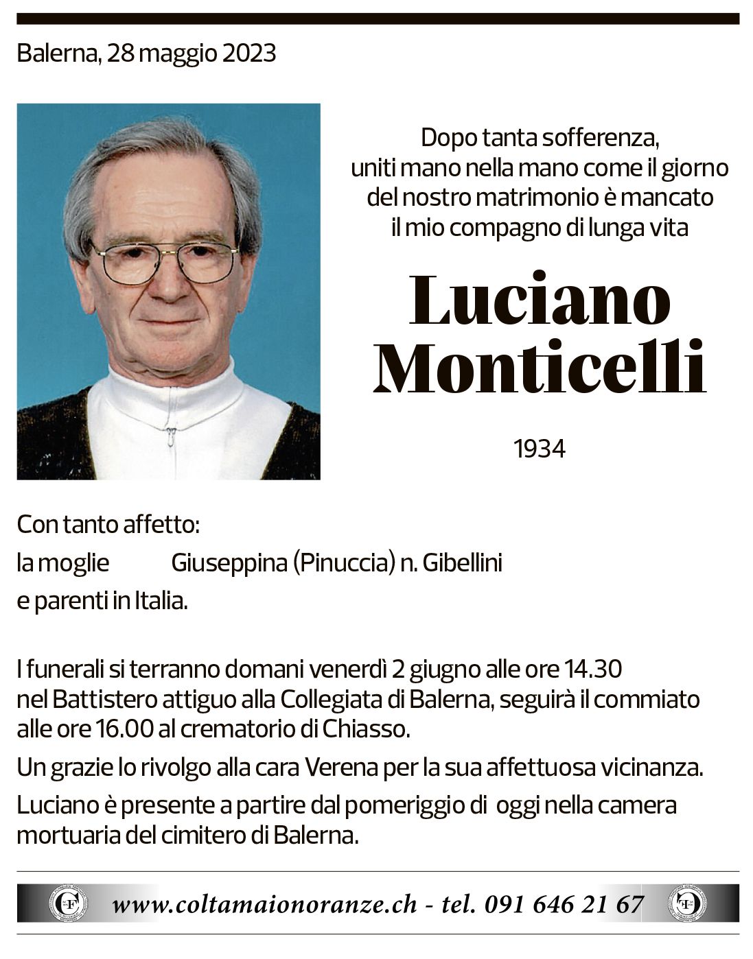 Annuncio funebre Luciano Monticelli