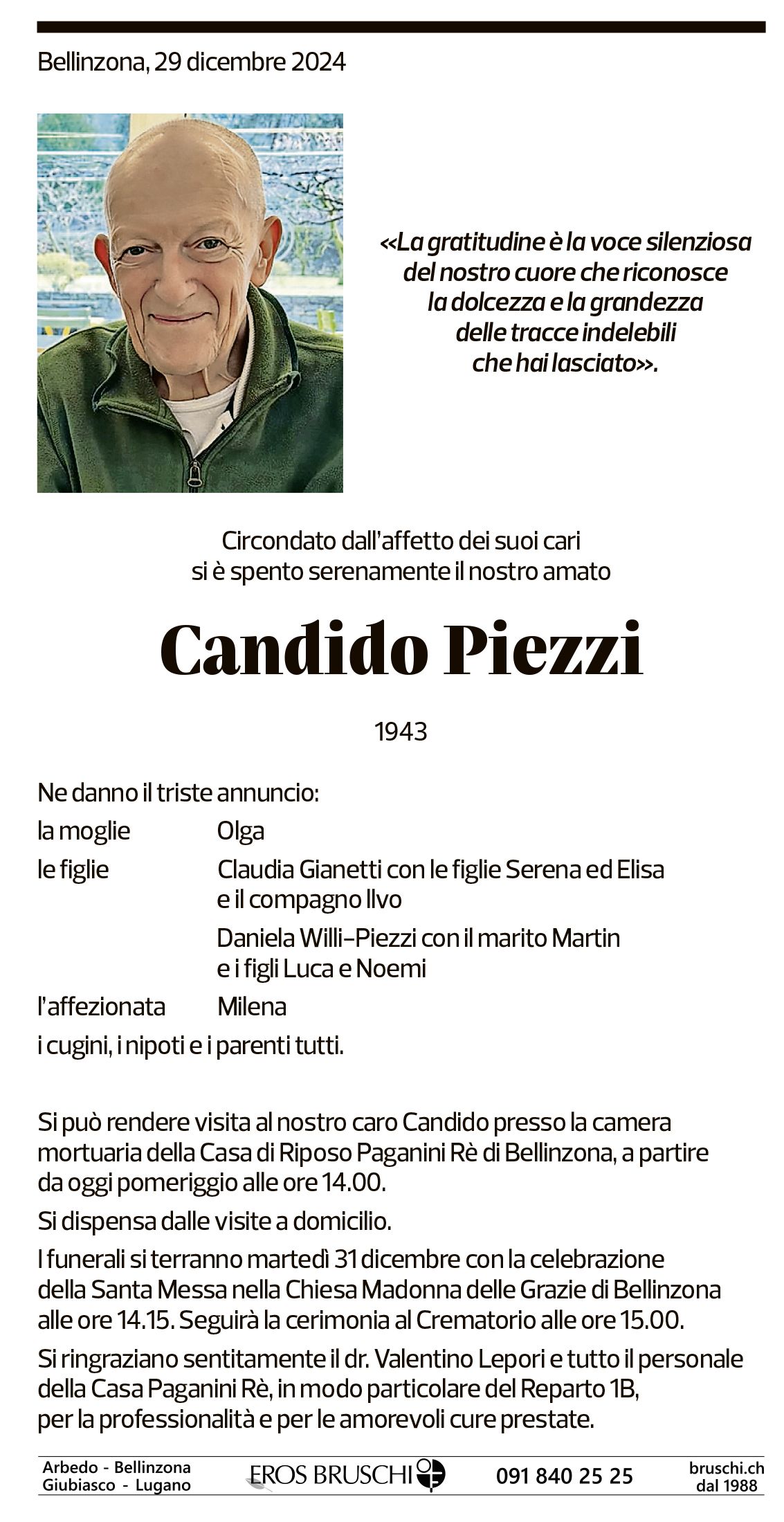 Annuncio funebre Candido Piezzi