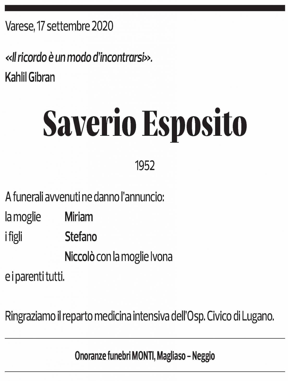 Annuncio funebre Saverio Esposito
