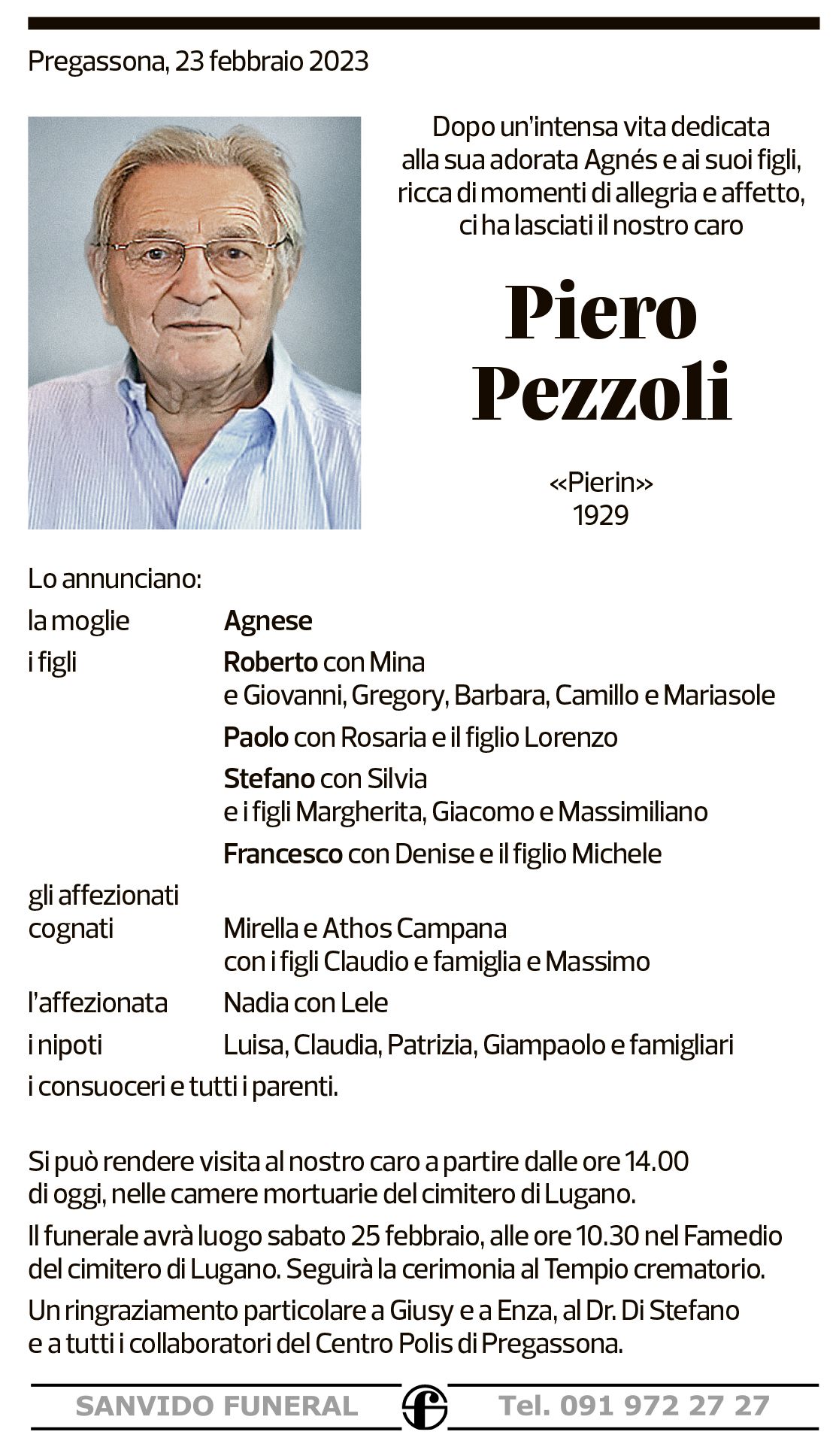 Annuncio funebre Piero Pezzoli