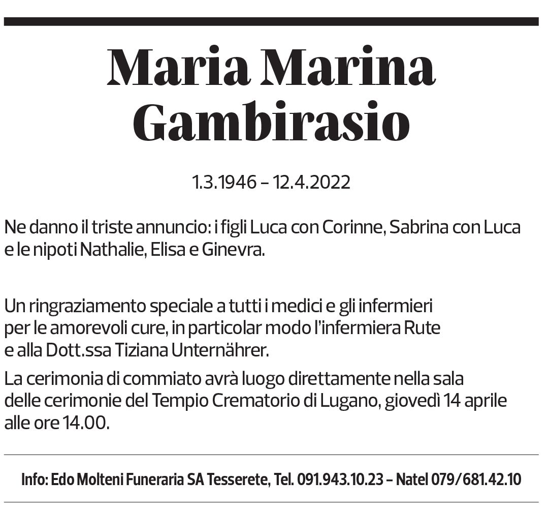 Annuncio funebre Maria Marina Gambirasio