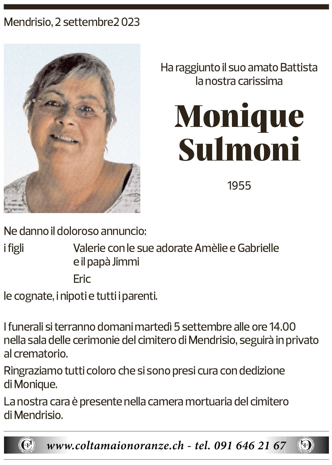 Annuncio funebre Monique Sulmoni