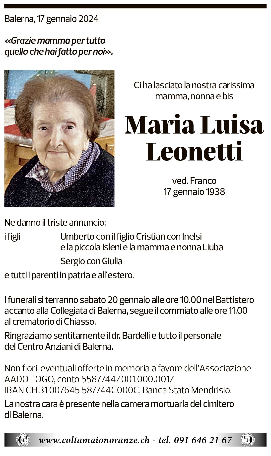 Annuncio funebre Maria Luisa Leonetti