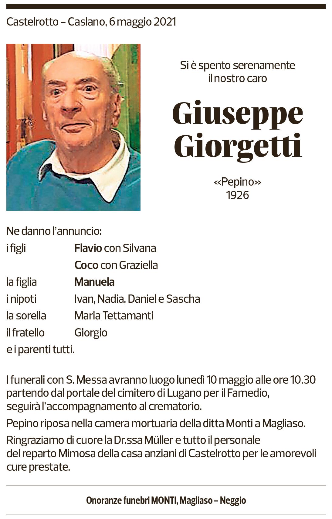 Annuncio funebre Giuseppe Giorgetti