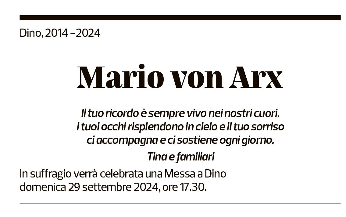 Annuncio funebre Mario Von Arx