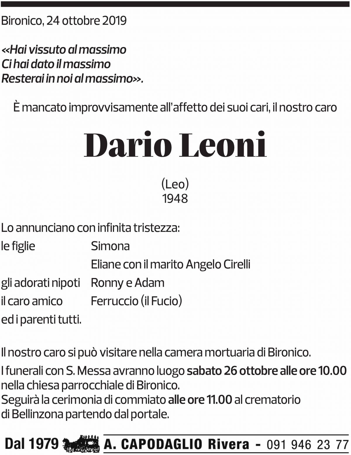 Annuncio funebre Dario Leoni