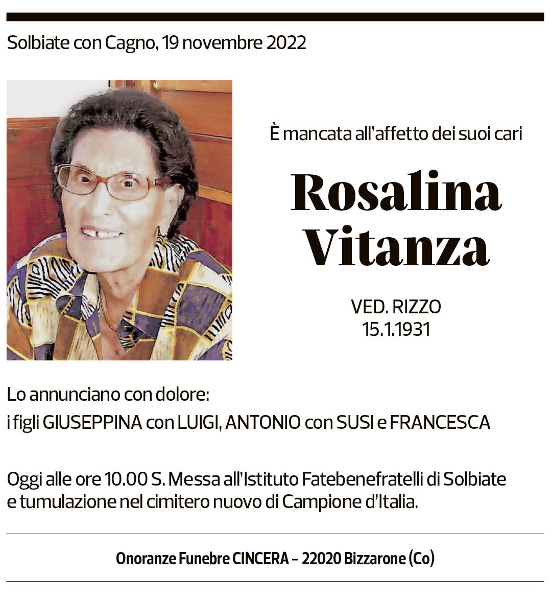 Annuncio funebre Rosalina Vitanza