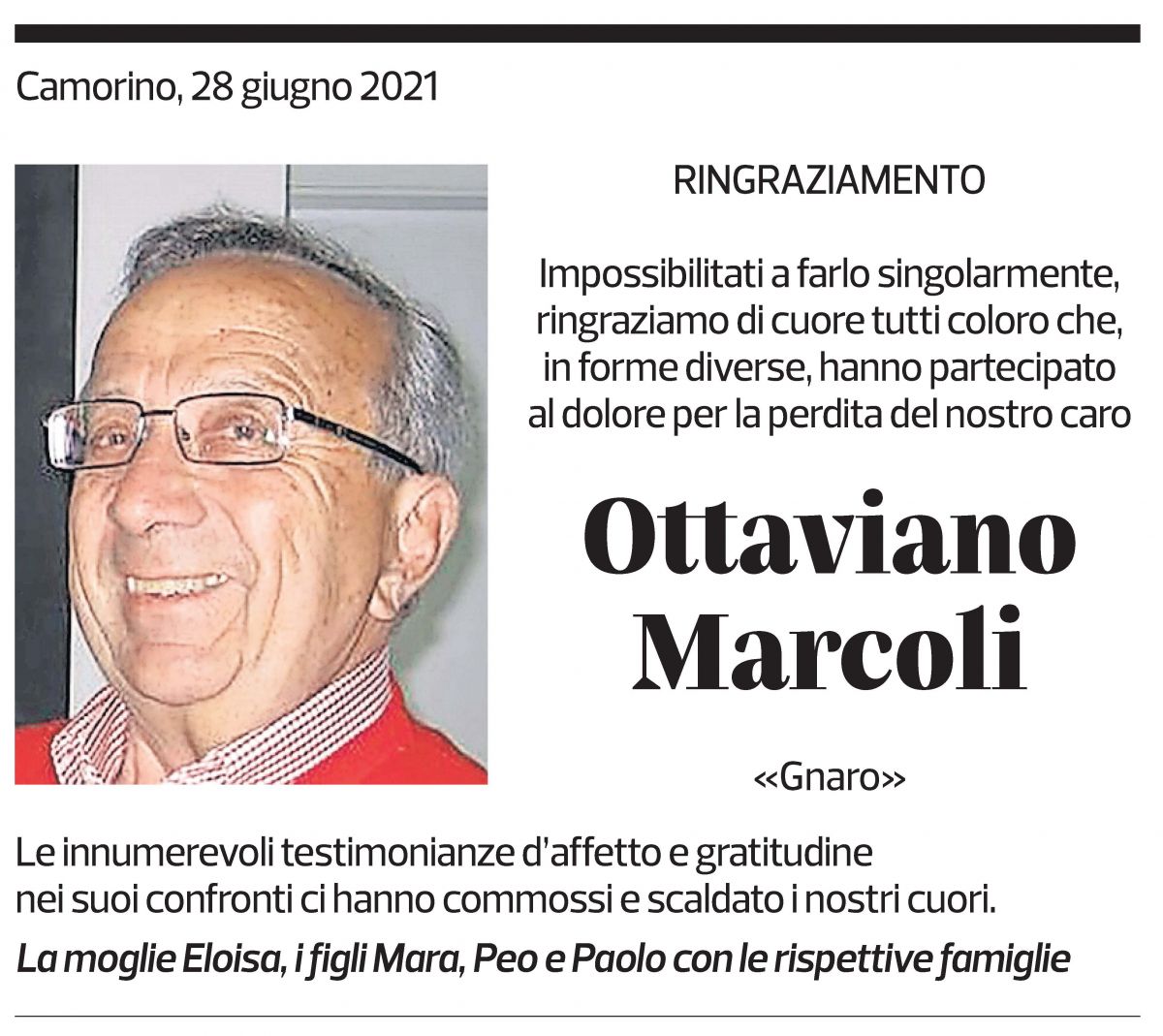 Annuncio funebre Ottavio Marcoli