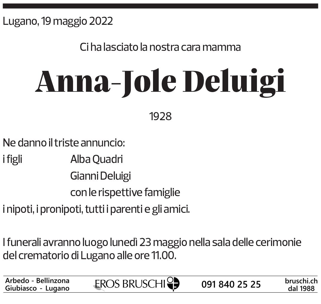 Annuncio funebre Anna-jole Deluigi