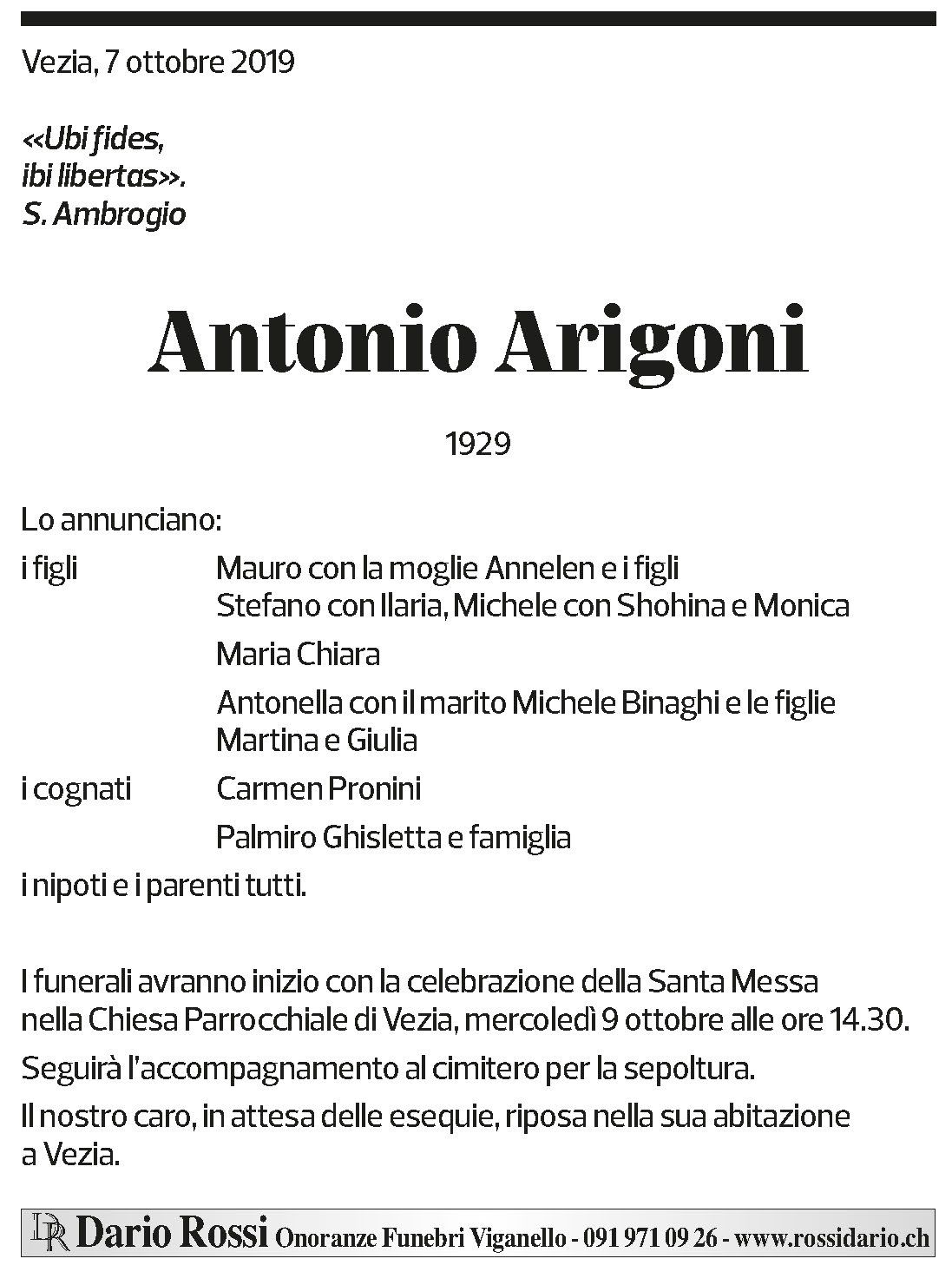 Annuncio funebre Antonio Arigoni