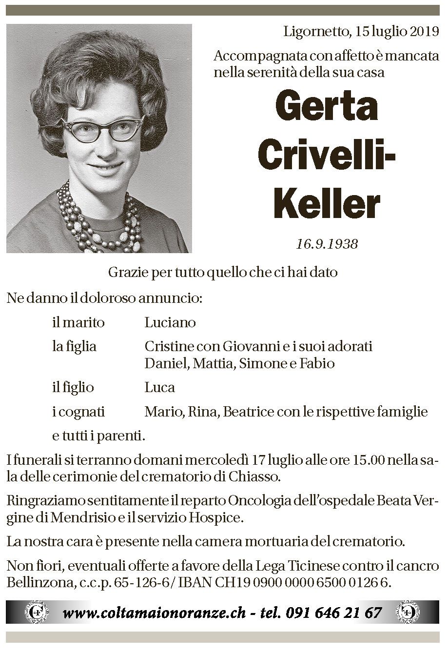 Annuncio funebre Gerta Crivelli-keller