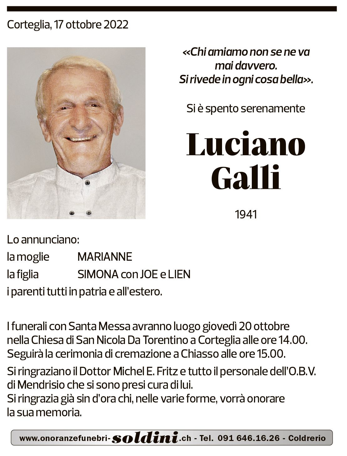 Annuncio funebre Luciano Galli