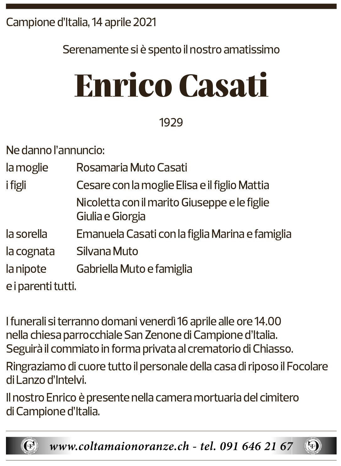 Annuncio funebre Enrico Casati