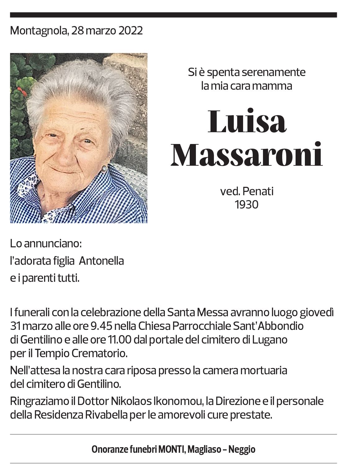 Annuncio funebre Luisa Massaroni