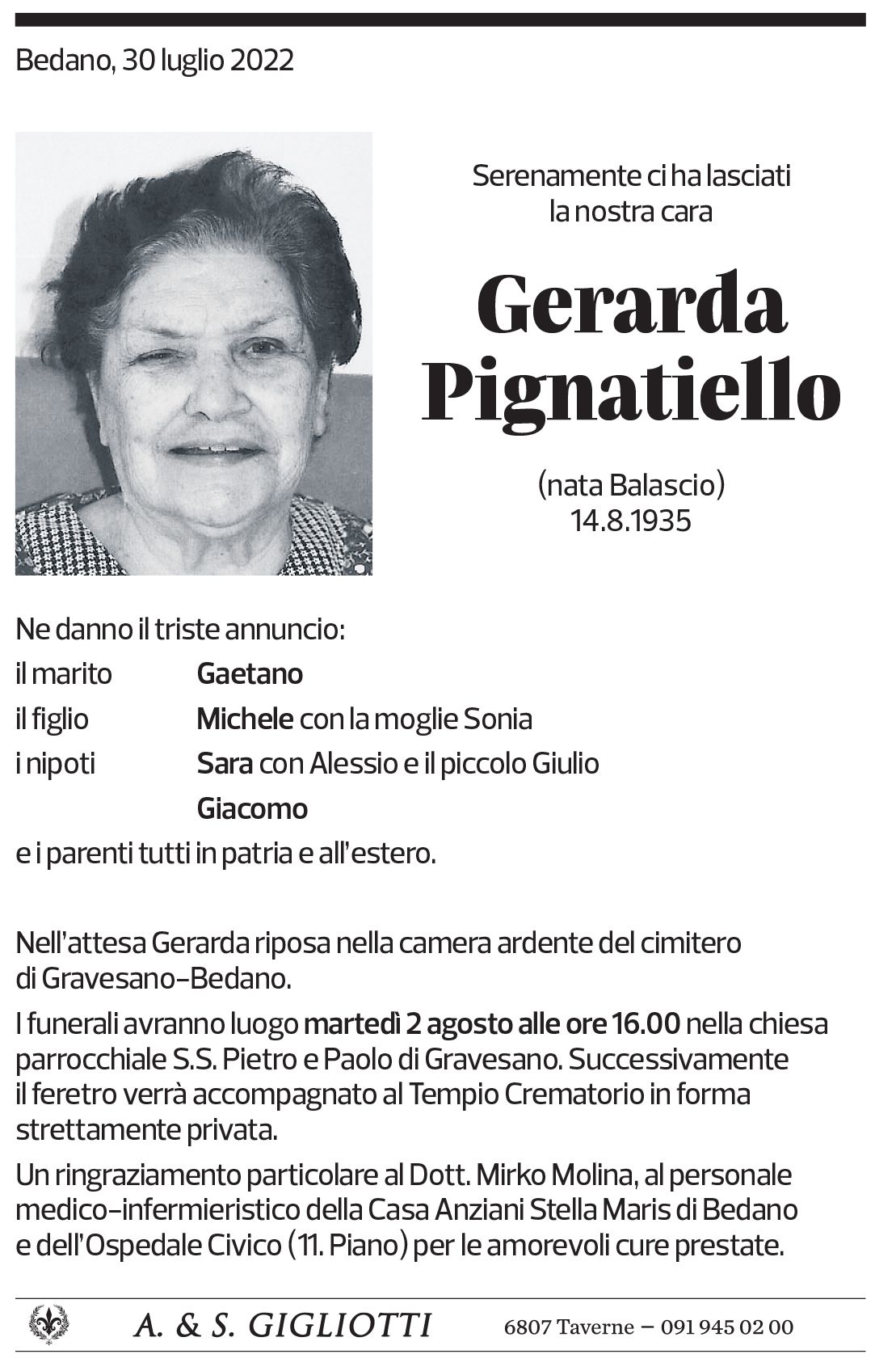 Annuncio funebre Gerarda Pignatiello