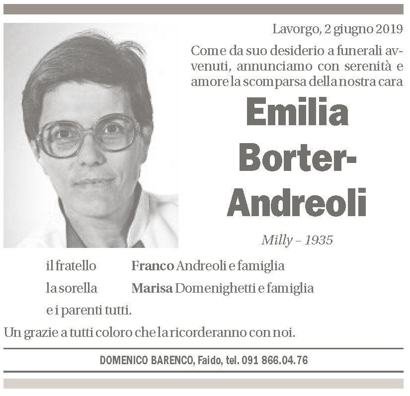 Annuncio funebre Emilia Borter-andreoli