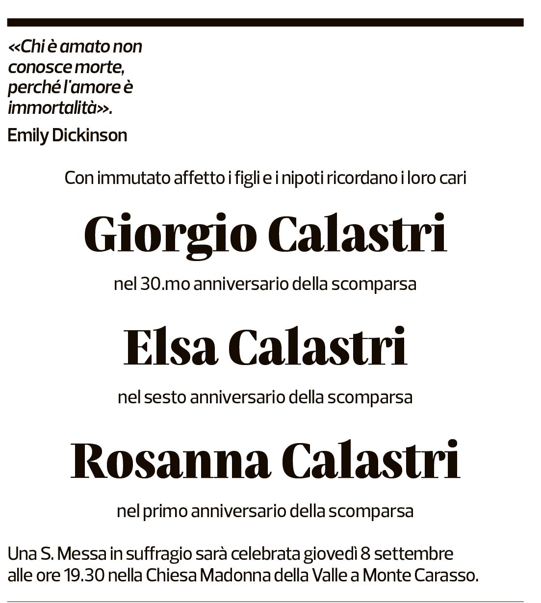 Annuncio funebre Giorgio, Elsa, Rosanna Calastri