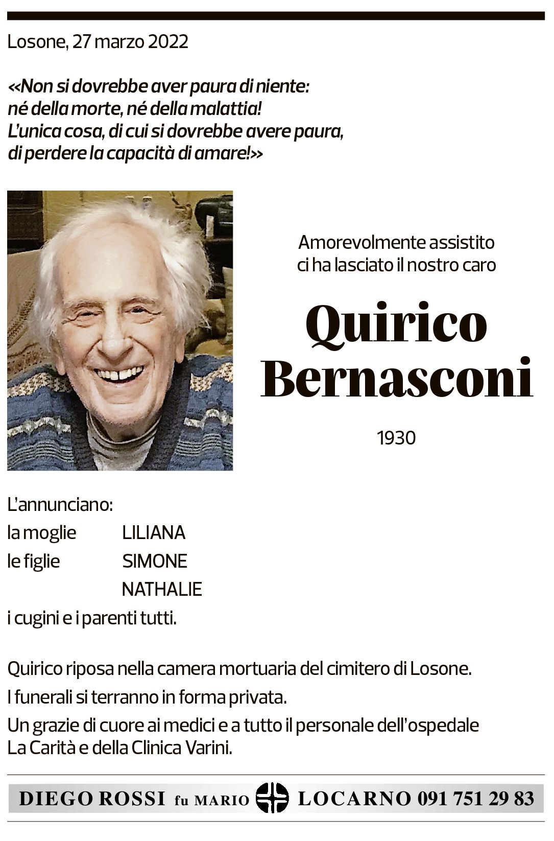 Annuncio funebre Quirico Bernasconi