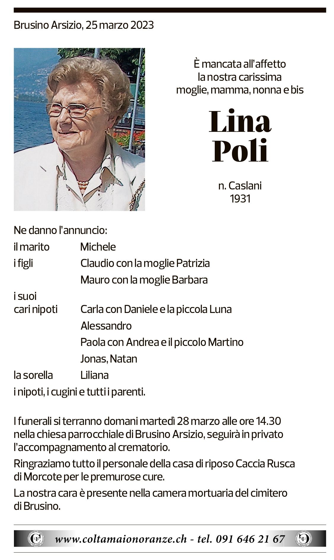 Annuncio funebre Lina Poli