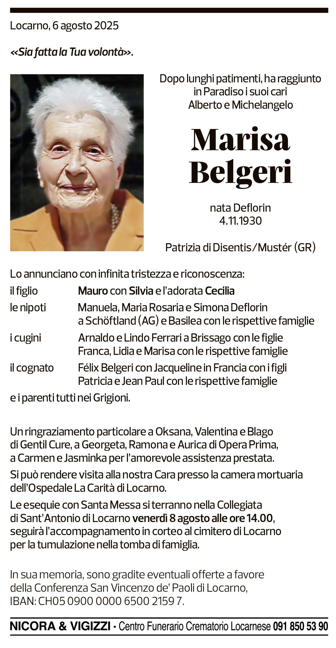 Annuncio funebre Marisa Belgeri