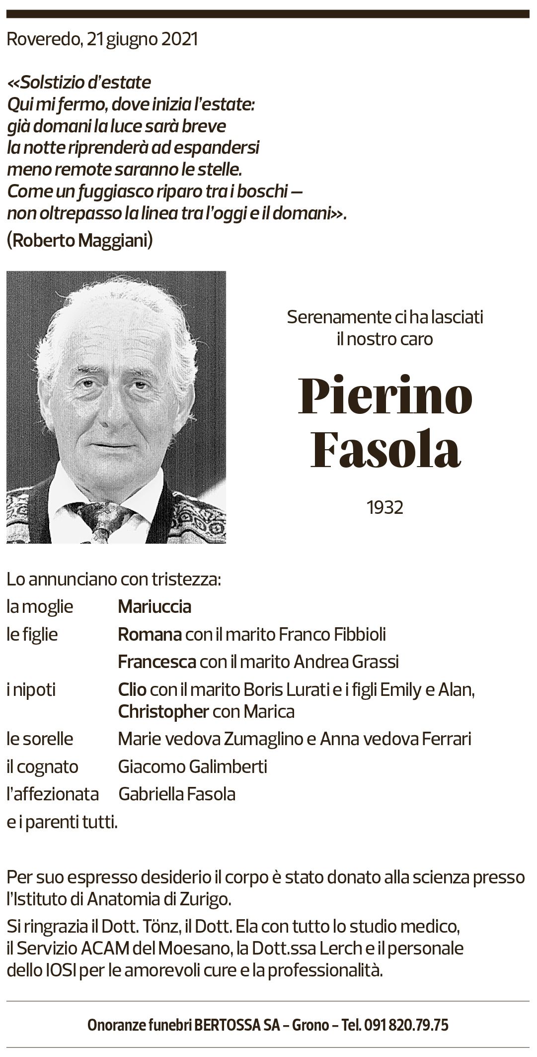 Annuncio funebre Pierino Fasola