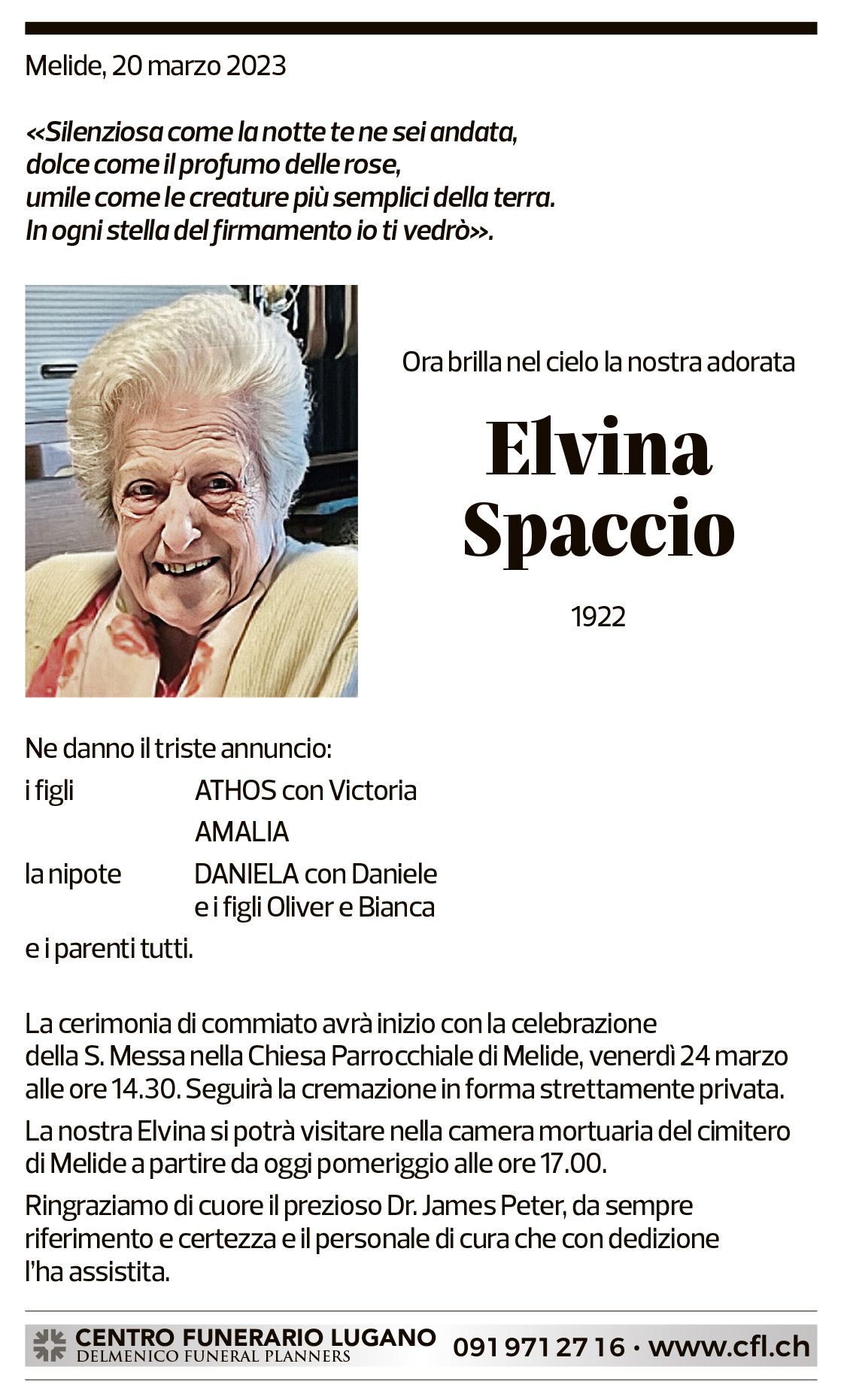 Annuncio funebre Elvina Spaccio