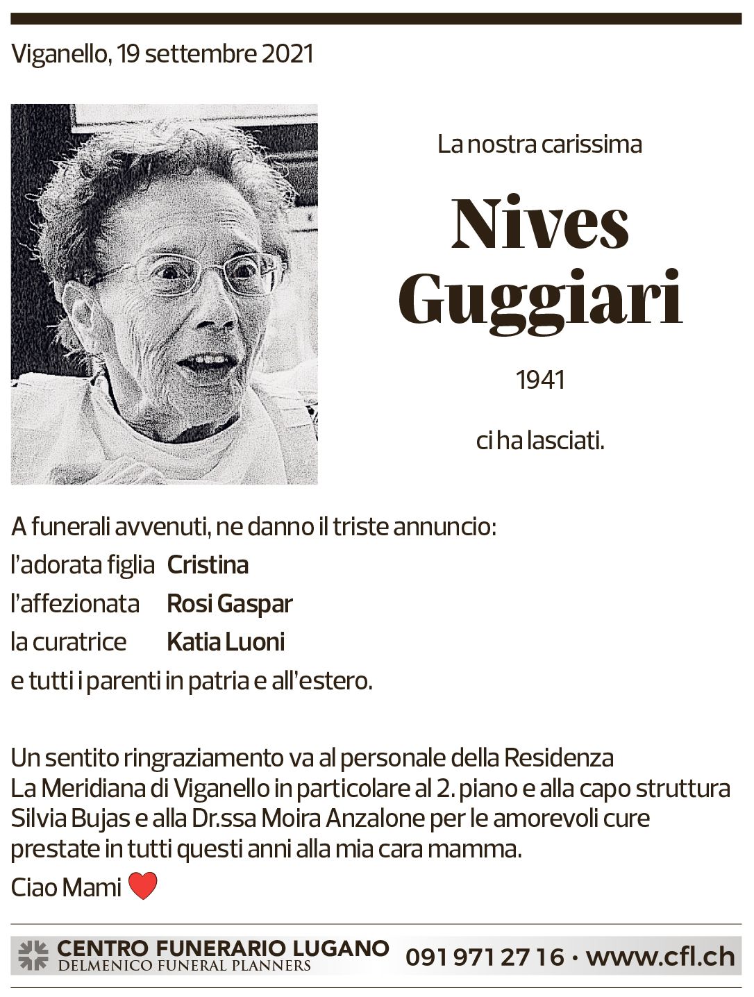 Annuncio funebre Nives Guggiari