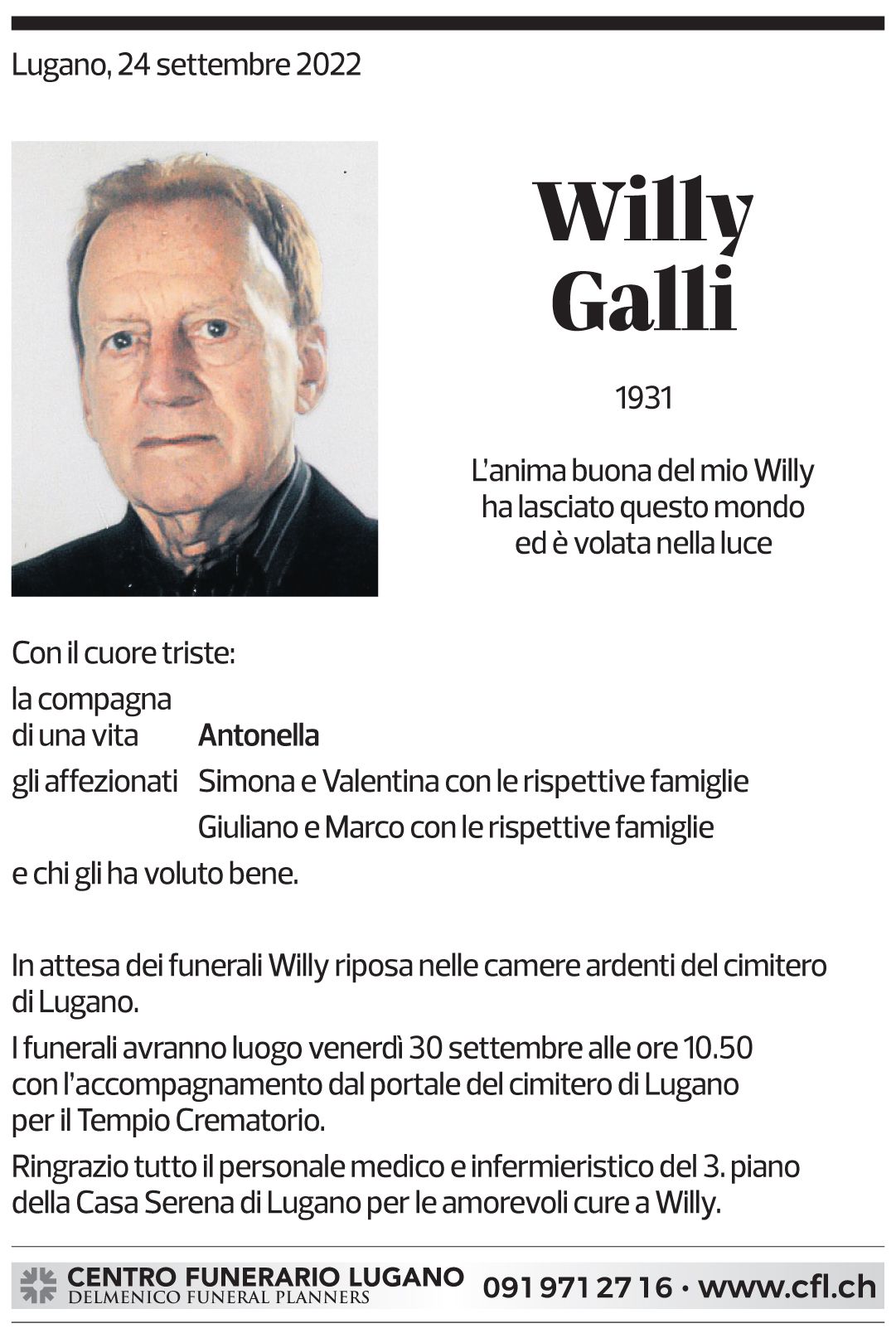 Annuncio funebre Willy Galli