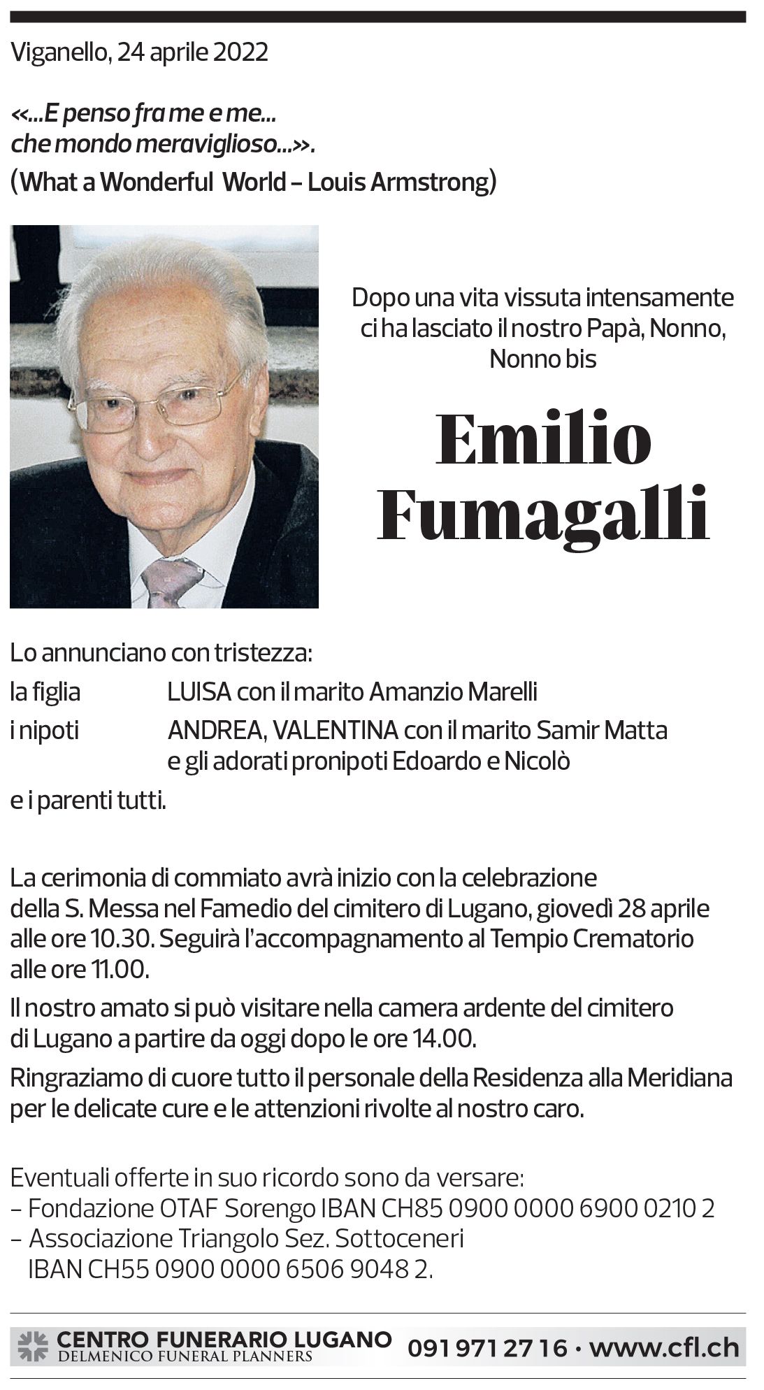 Annuncio funebre Emilio Fumagalli