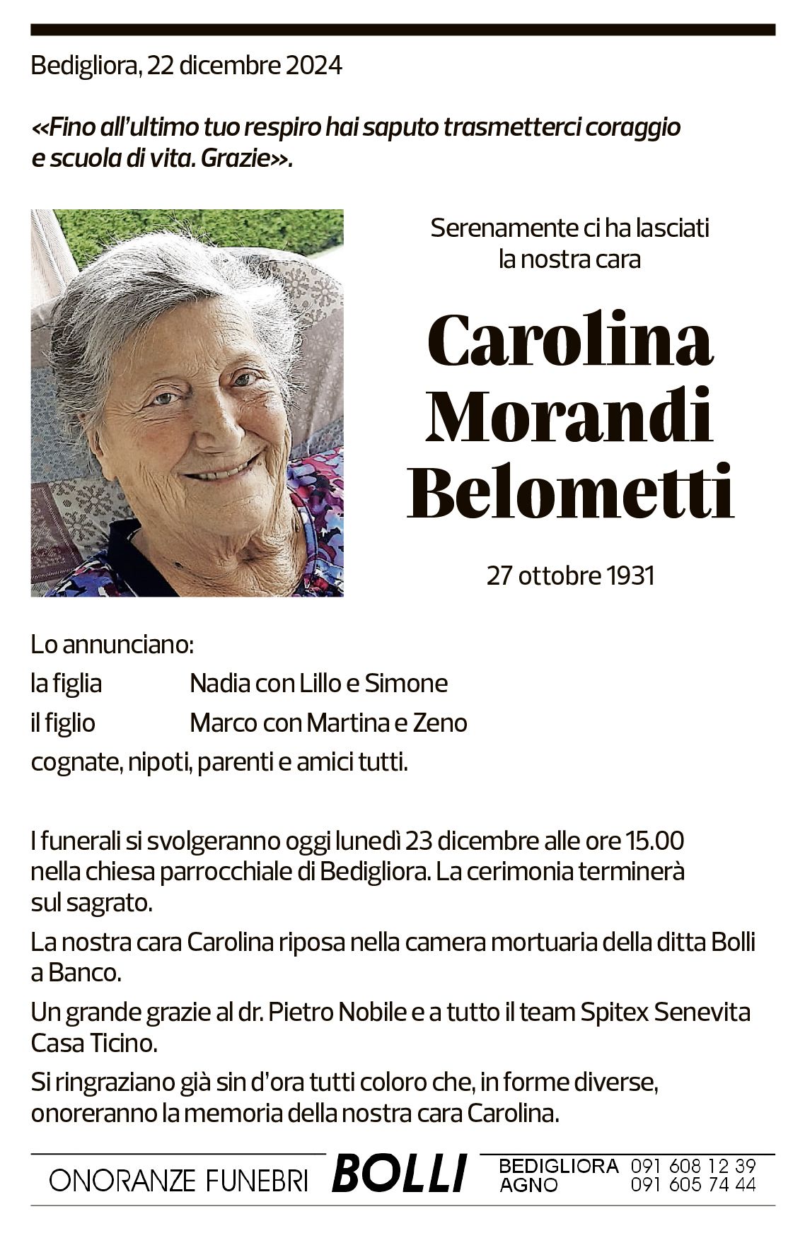 Annuncio funebre Carolina Morandi Belometti