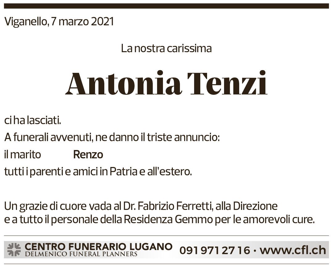 Annuncio funebre Antonia Tenyi