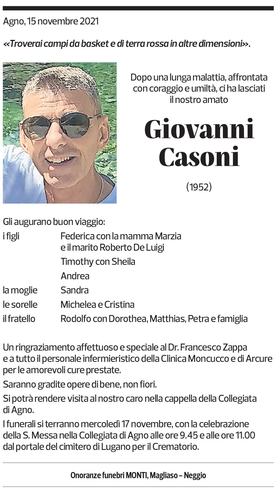 Annuncio funebre Giovanni Casoni