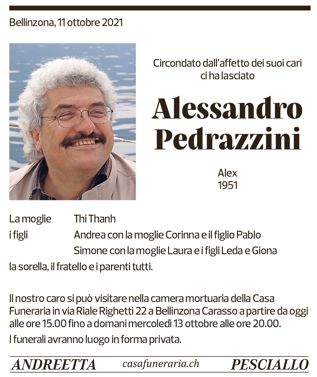 Annuncio funebre Alessandro Pedrazzini