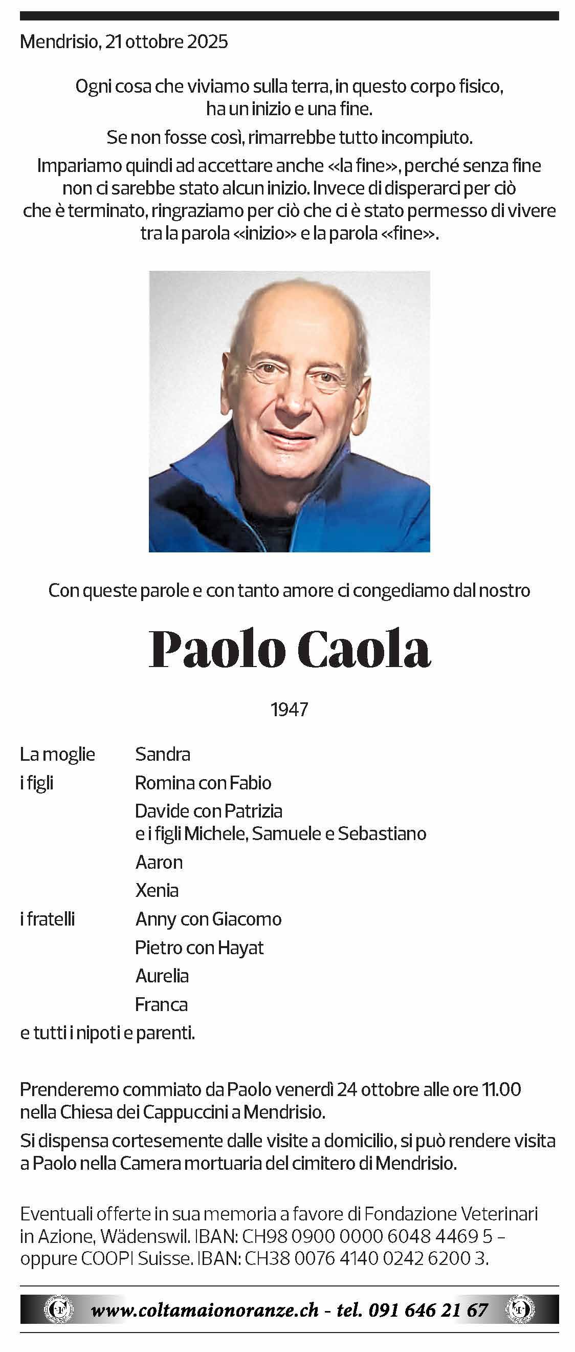 Annuncio funebre Paolo Caola