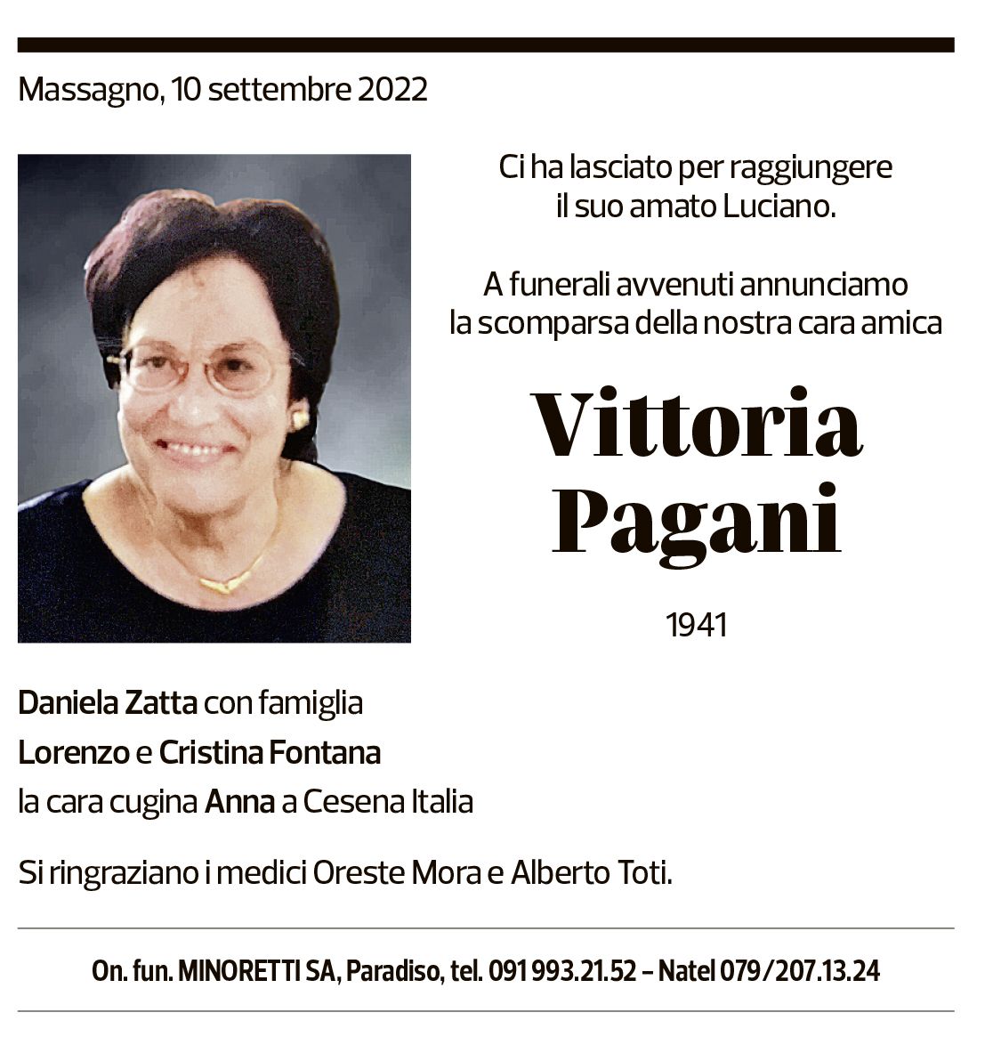 Annuncio funebre Vittoria Pagani