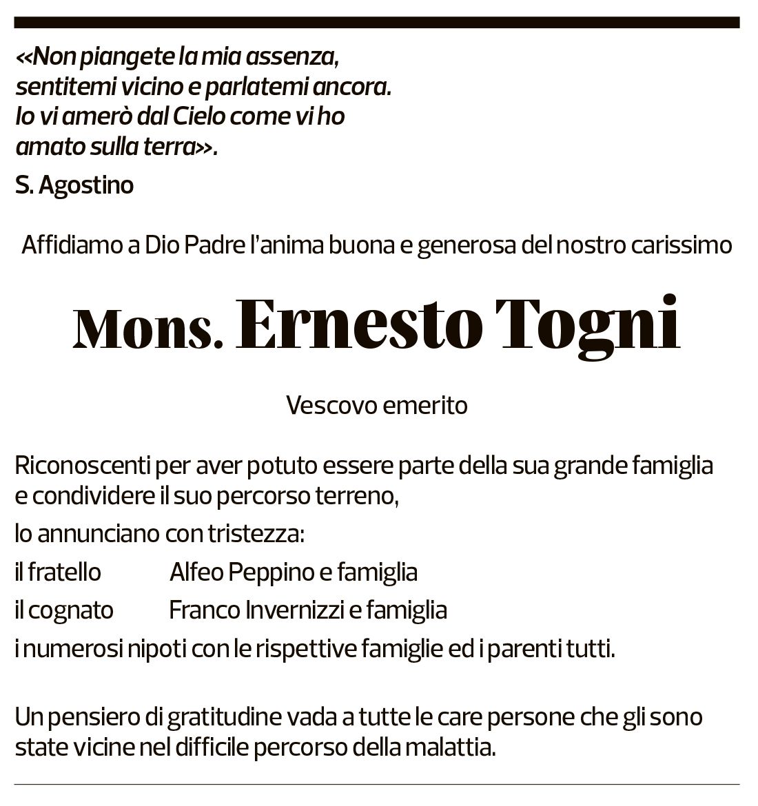 Annuncio funebre Ernesto Togni